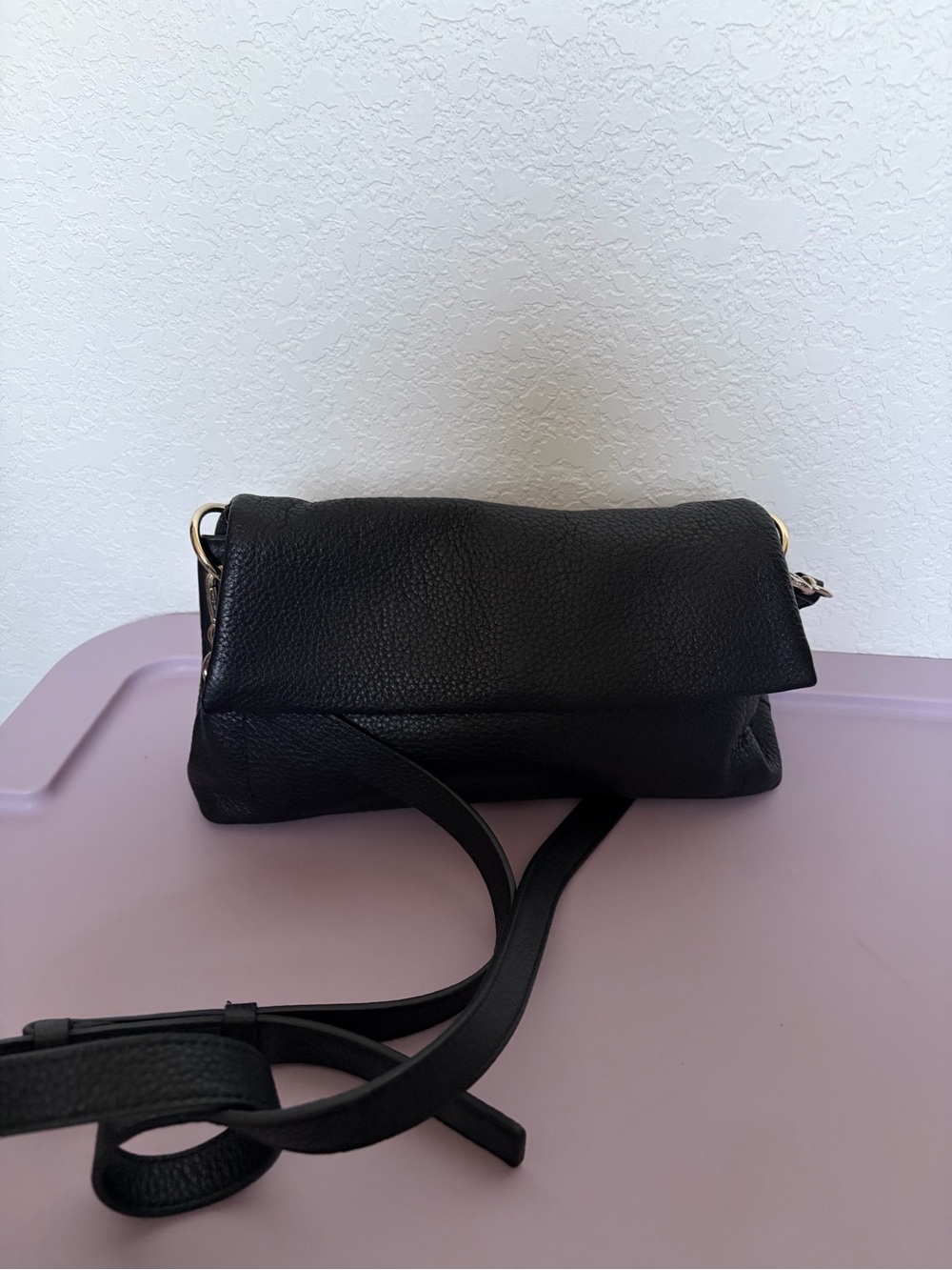 Vince Camuto Black Pebbled Leather Fold-Over Crossbody